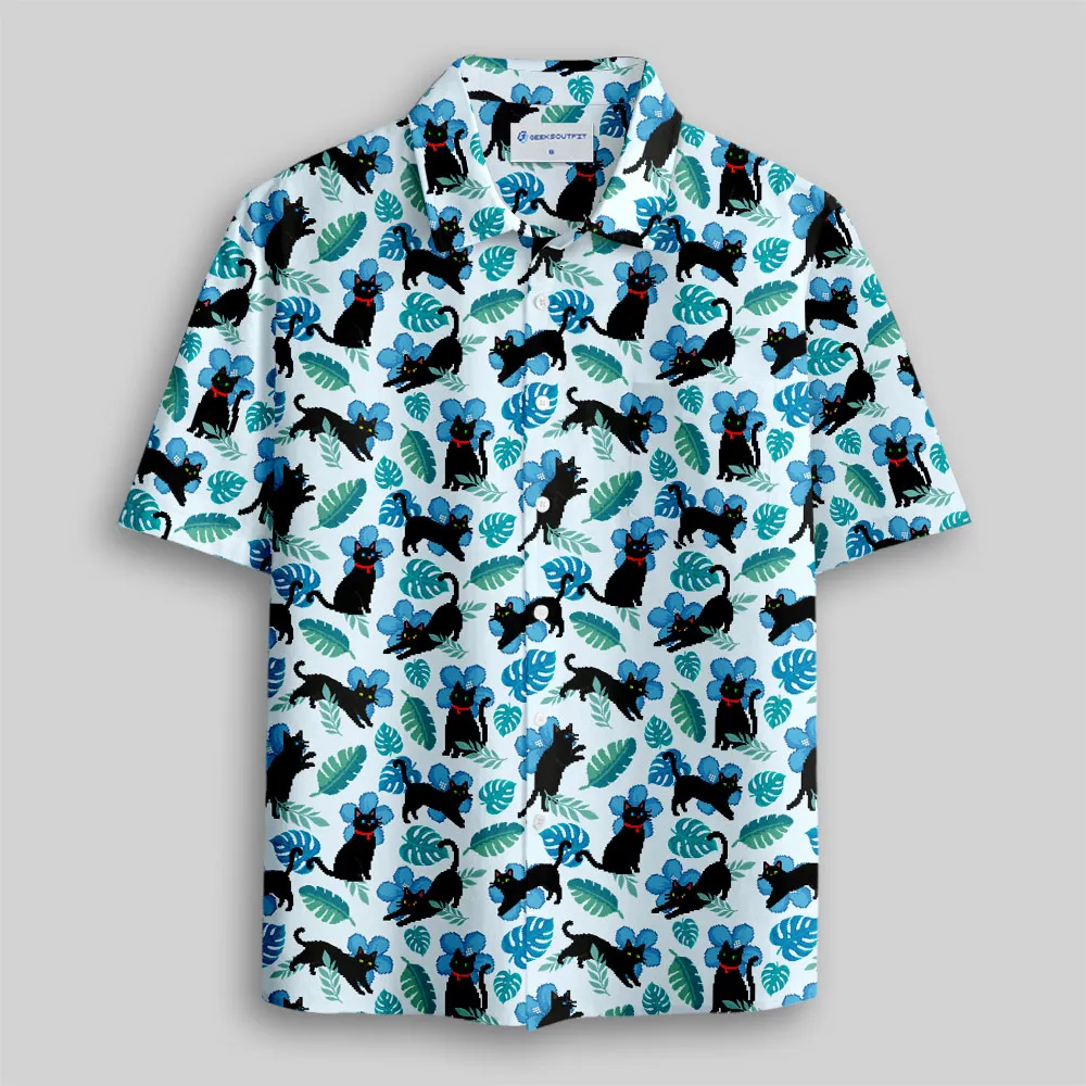 Pixel Cat Hawaii Button Up Pocket Shirt