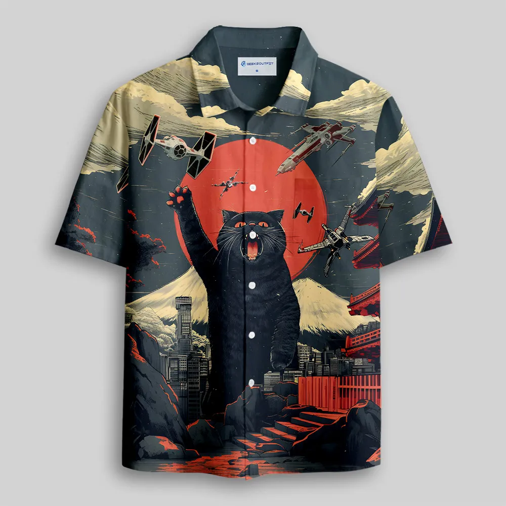 Giant Cat Sci-Fi Button Up Pocket Shirt