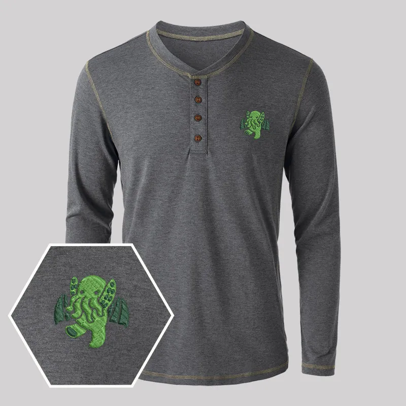 Cthulhu Geek Embroidered Long Sleeve Henley Shirts - Image 3