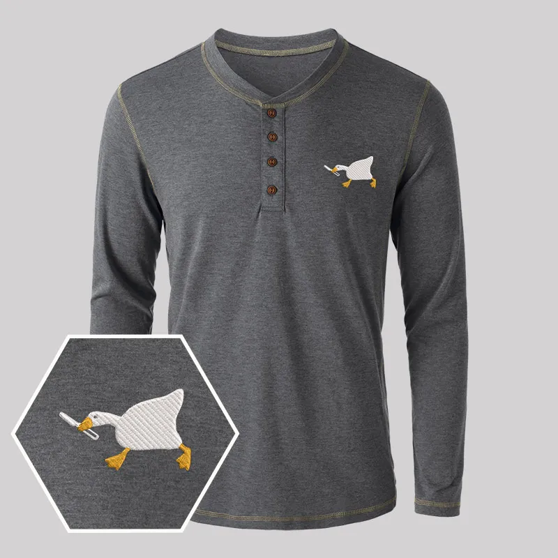 Knife Goose Geek Embroidered Long Sleeve Henley Shirts - Image 3