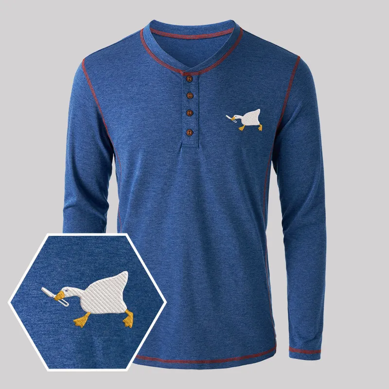 Knife Goose Geek Embroidered Long Sleeve Henley Shirts - Image 4