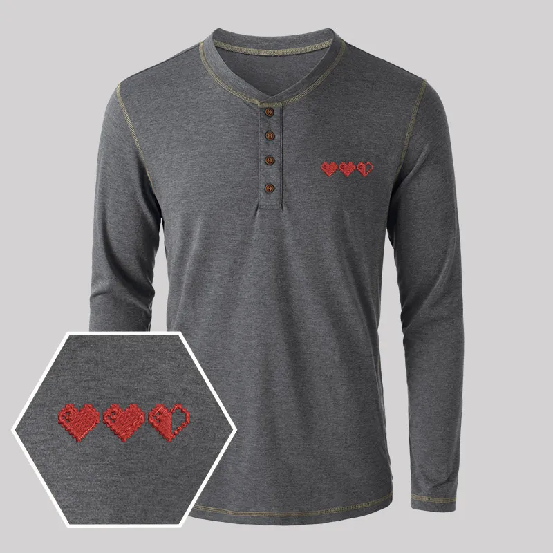 Pixel Hearts Geek Embroidered Long Sleeve Henley Shirts - Image 3