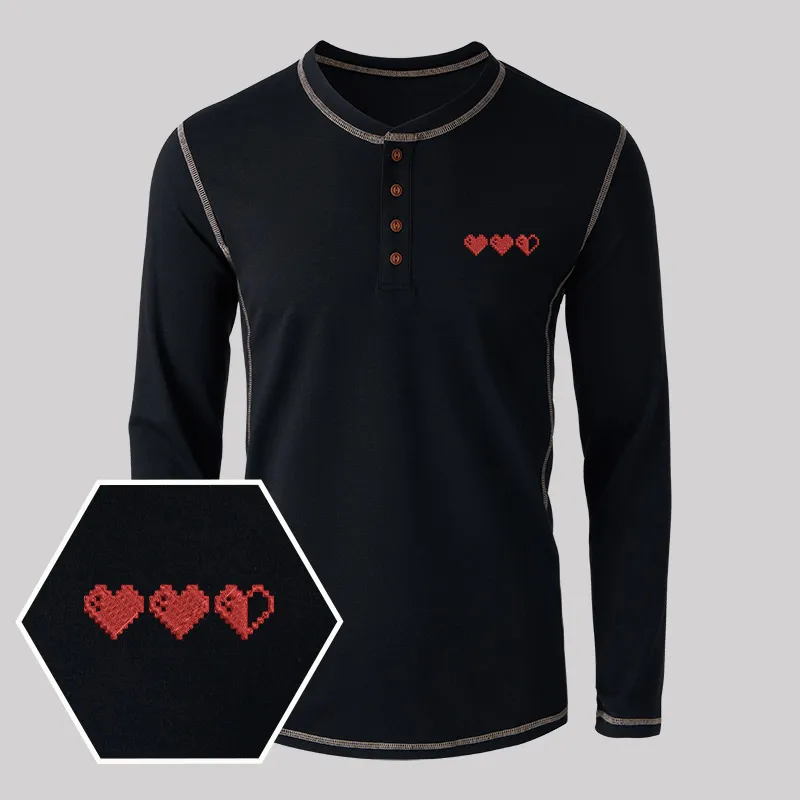Pixel Hearts Geek Embroidered Long Sleeve Henley Shirts - Image 2