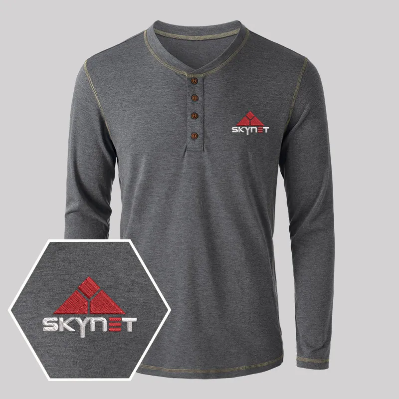Skynet Core Geek Embroidered Long Sleeve Henley Shirts - Image 3