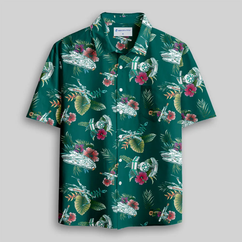 Space Fighter Tropical Flowers Button Up Pocket Shirt - Image 5