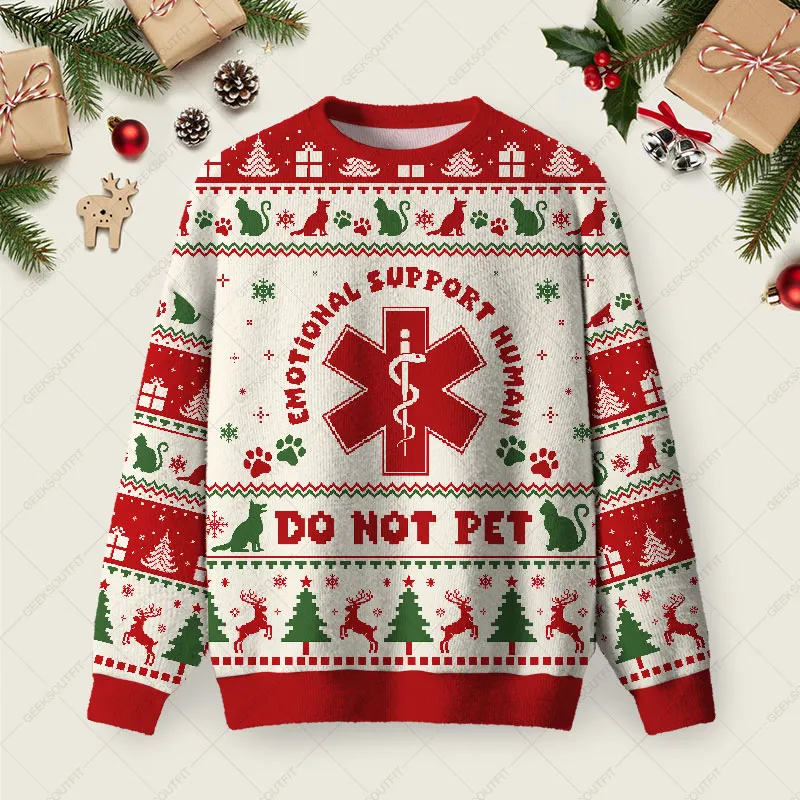 EMOTIONAL SUPPORT HUMAN Ugly Christmas Fuzzy Fleece Sweatshirt