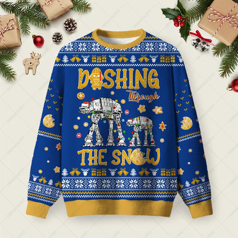 AT Walker Dashing Through The Snow Blue Ugly Christmas Fuzzy Fleece Sweatshirt