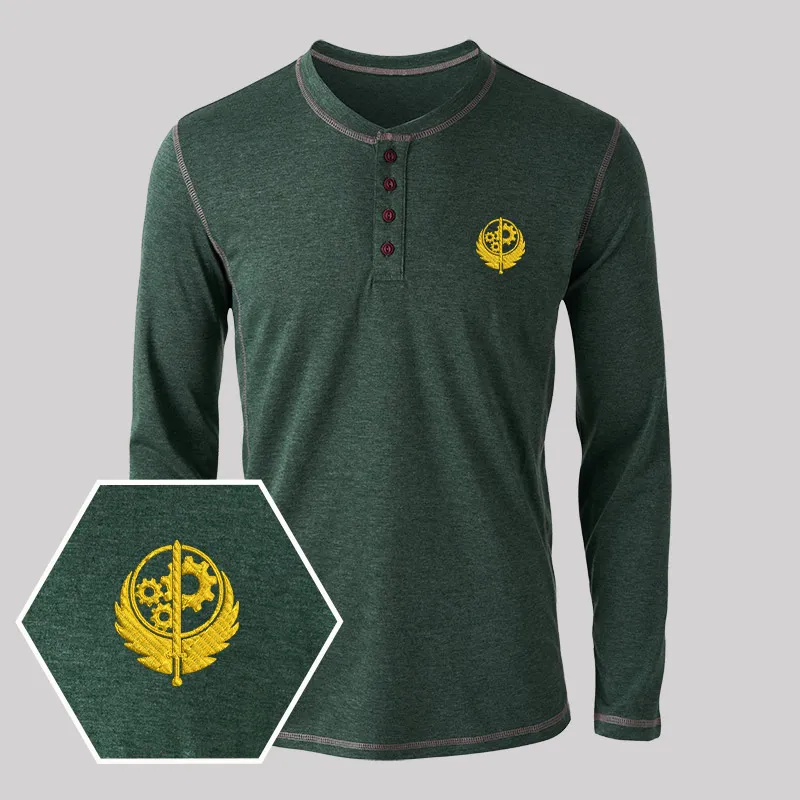 Brotherhood of Steel Geek Embroidered Long Sleeve Henley Shirts - Image 5