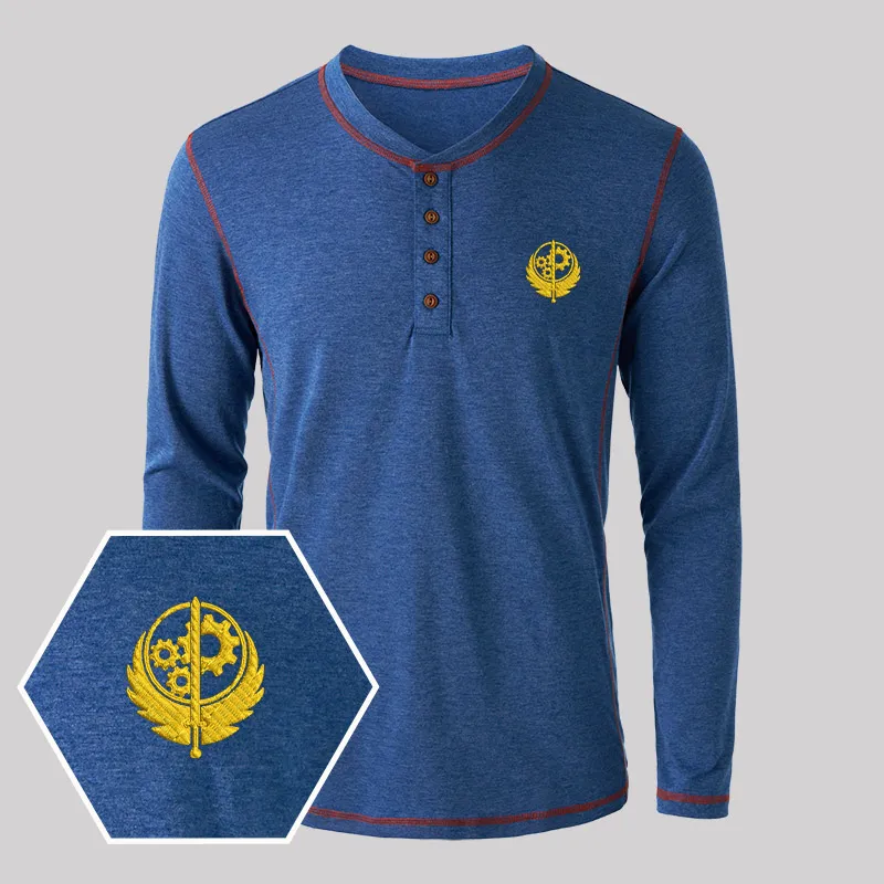 Brotherhood of Steel Geek Embroidered Long Sleeve Henley Shirts - Image 4