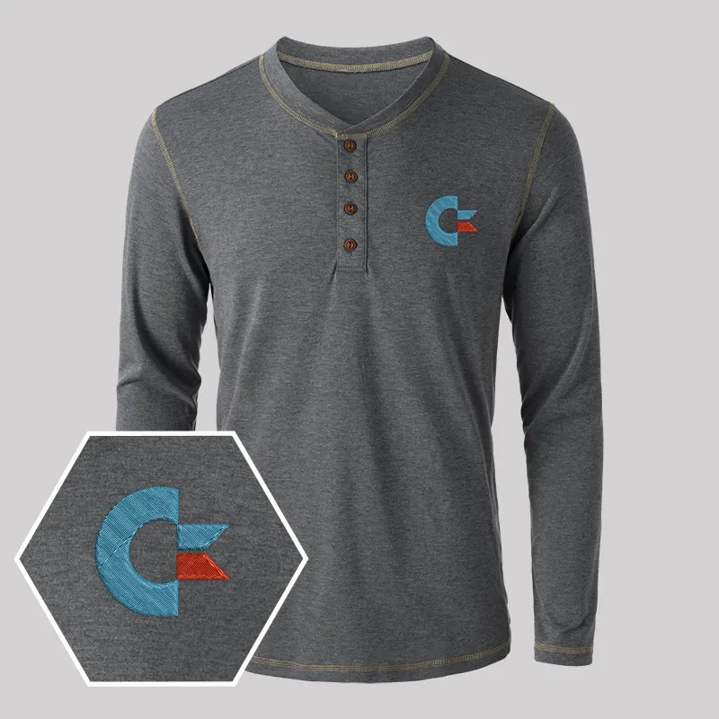 Commodore Geek Embroidered Long Sleeve Henley Shirts - Image 3