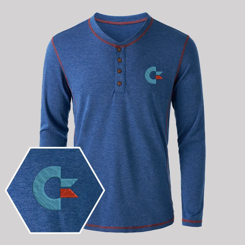 Commodore Geek Embroidered Long Sleeve Henley Shirts - Image 4