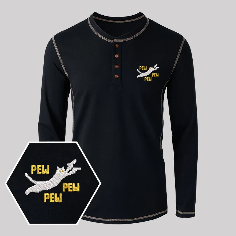 Pew Pew Pew Cat Geek Embroidered Long Sleeve Henley Shirts - Image 2