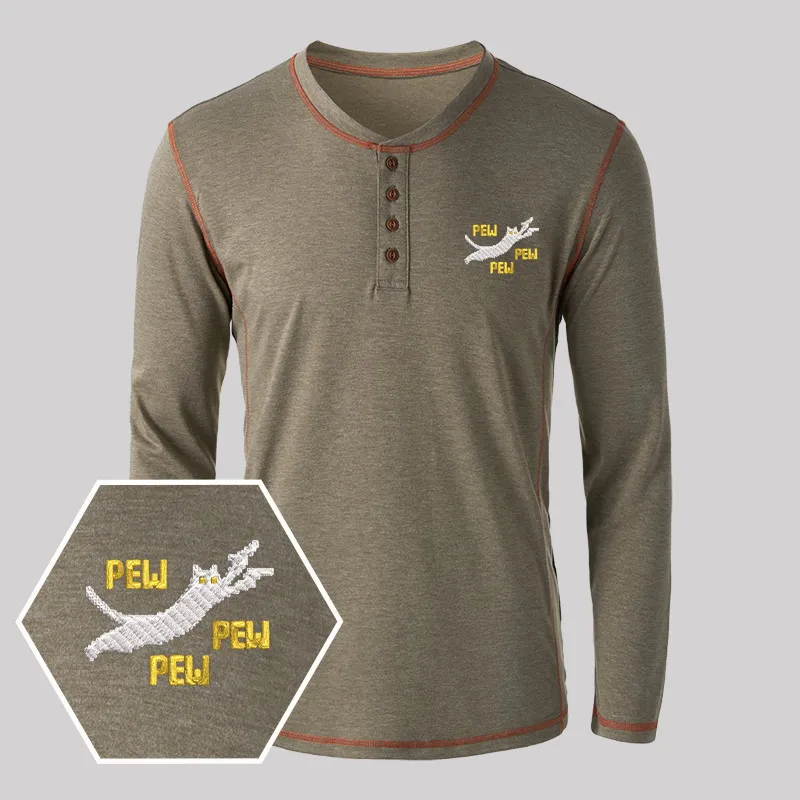 Pew Pew Pew Cat Geek Embroidered Long Sleeve Henley Shirts - Image 6