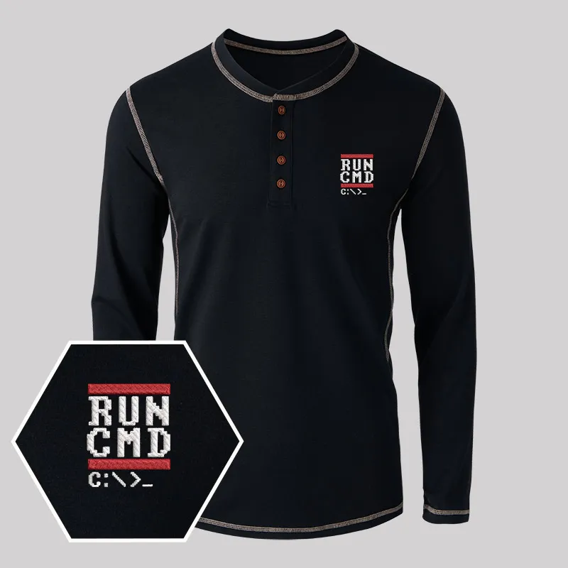 Run CMD Geek Embroidered Long Sleeve Henley Shirts - Image 2