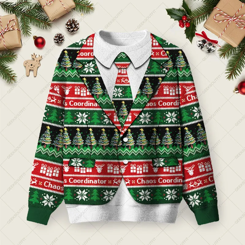 Chaos Faux Two-Piece Suit Ugly Christmas Fuzzy Fleece Sweatshirt
