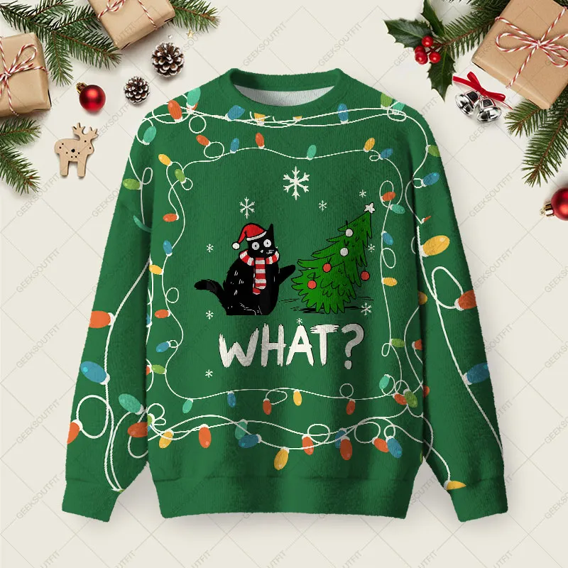 Christmas Cat What Green Ugly Christmas Fuzzy Fleece Sweatshirt