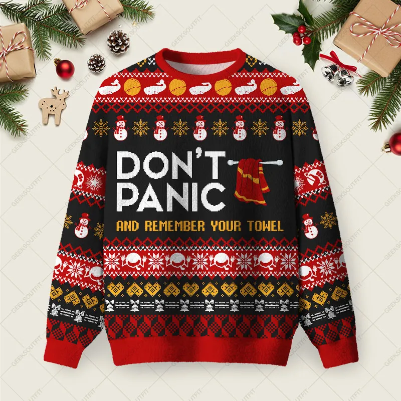 Don't Panic Ugly Christmas Fuzzy Fleece Sweatshirt