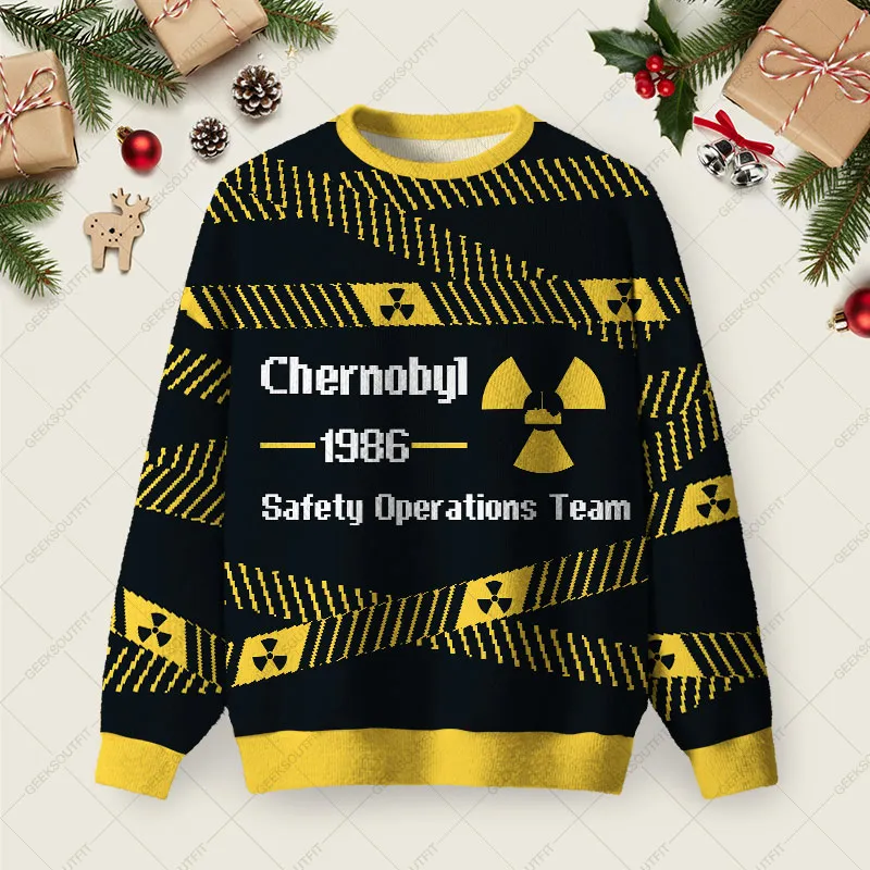 Chernobyl 1986 Yellow Tape Ugly Christmas Fuzzy Fleece Sweatshirt