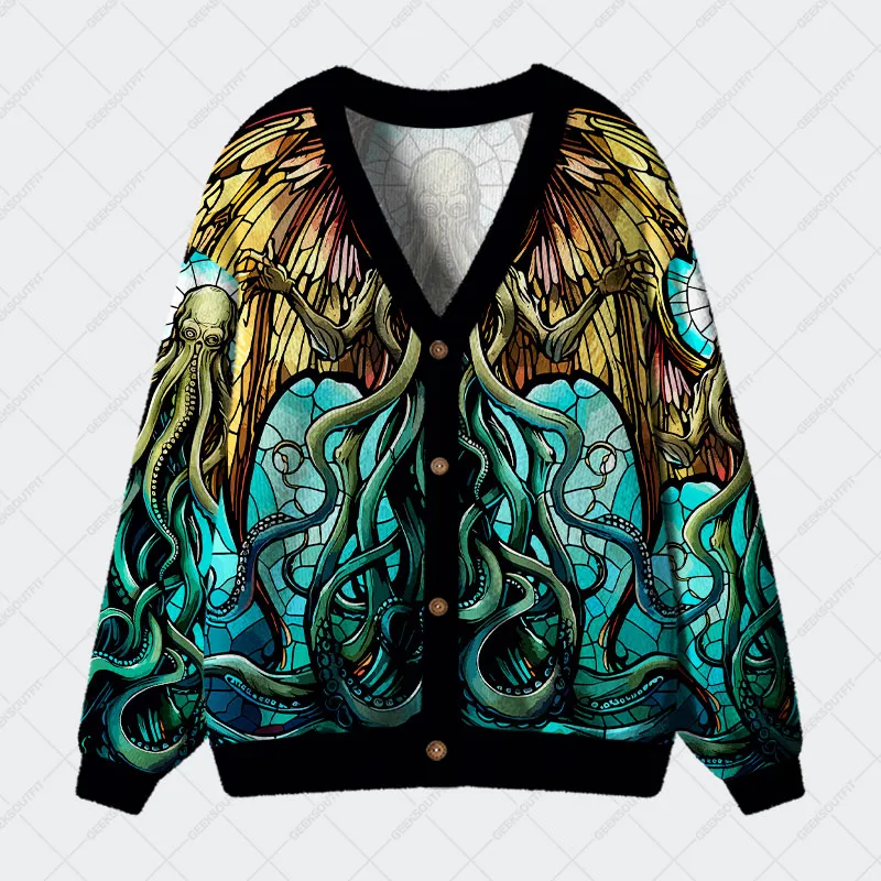 Stained Glass Style Cthulhu Geek Ugly Cardigan Sweaters