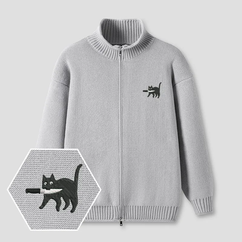 Samurai Cat Embroidered Full‑Zip Cardigan