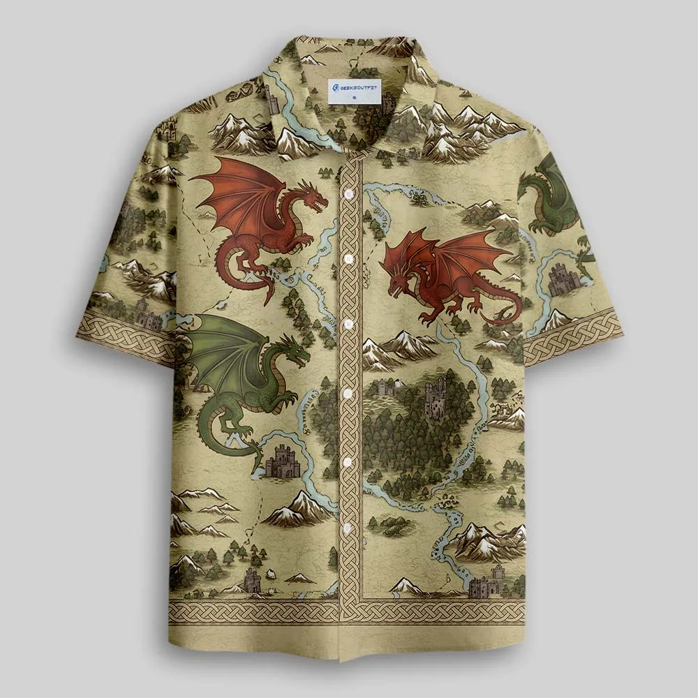 Retro SciFi Dragon Map Button Up Pocket Shirt