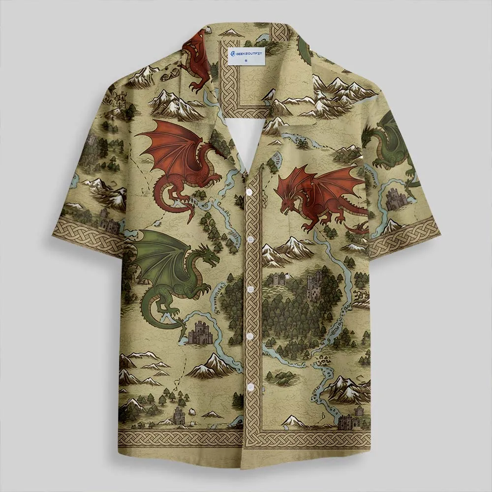 Retro SciFi Dragon Map Button Up Pocket Shirt - Image 2