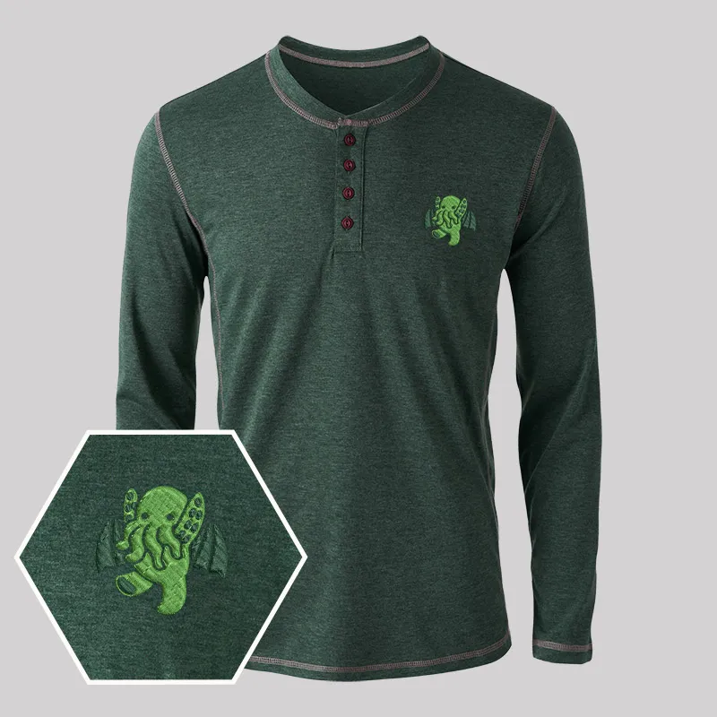 Cthulhu Geek Embroidered Long Sleeve Henley Shirts - Image 5