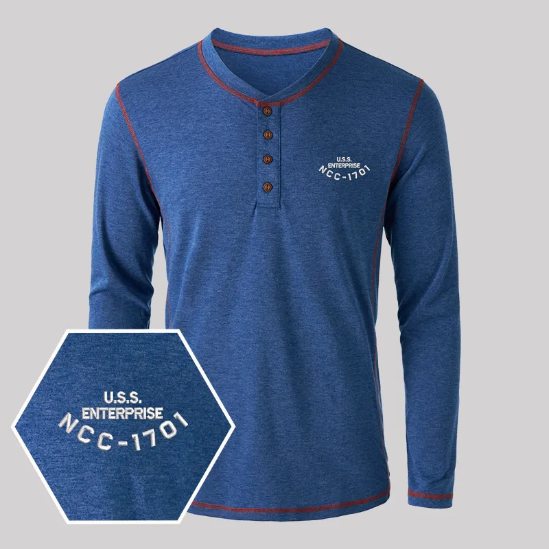 Scifi Spacecraft Geek Embroidered Long Sleeve Henley Shirts - Image 4