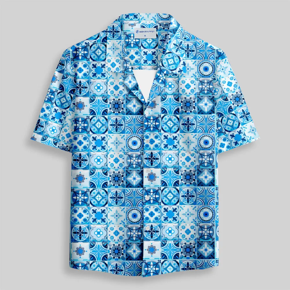 Portuguese Retro Tile Pattern Button Up Pocket Shirt - Image 2