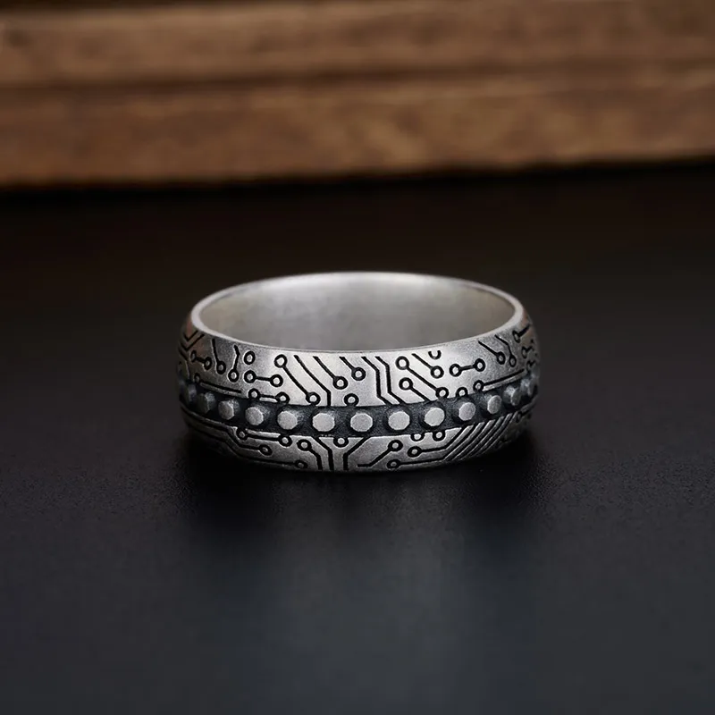 Circuit Board Technology Geek Silver Band Ring