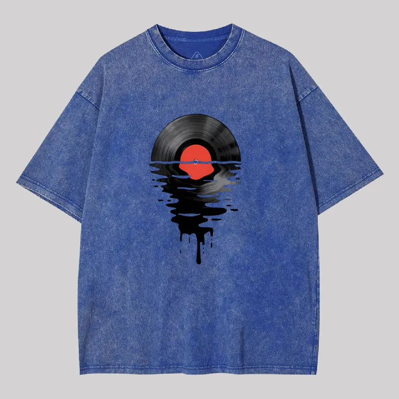 Vinyl LP Music Record Sunset Red Geek Washed T-shirt - Image 2