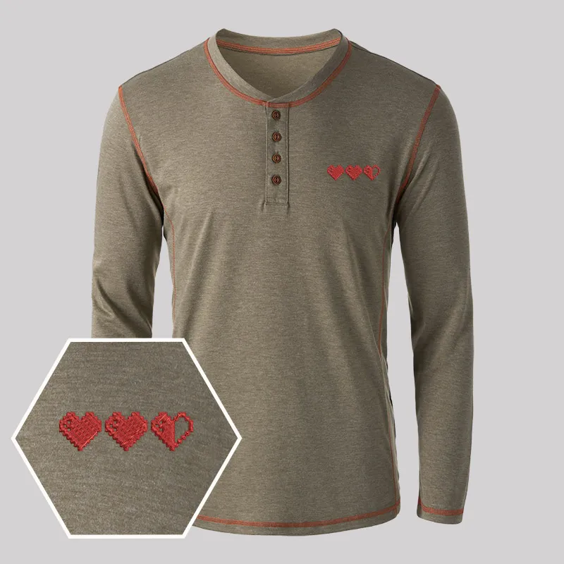 Pixel Hearts Geek Embroidered Long Sleeve Henley Shirts - Image 6