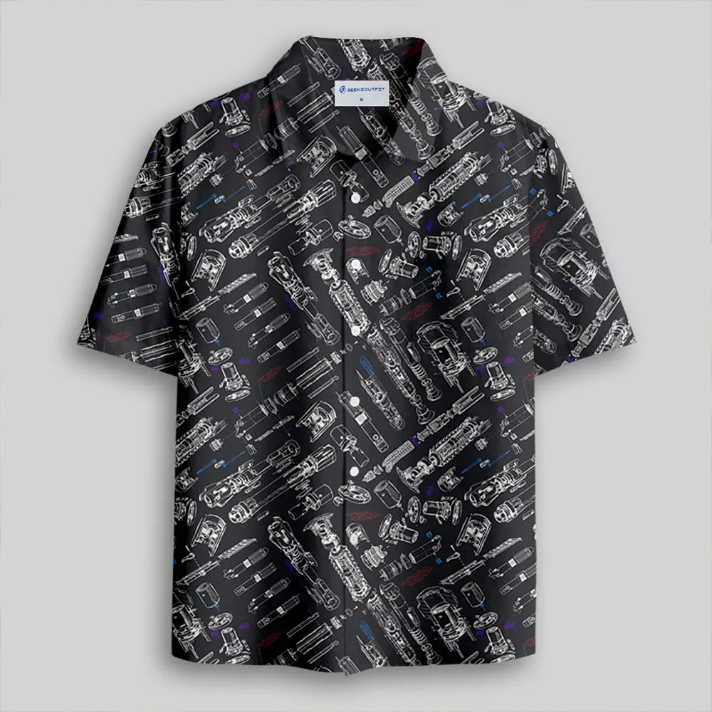 Space War Weapons Black Button Up Pocket Shirt