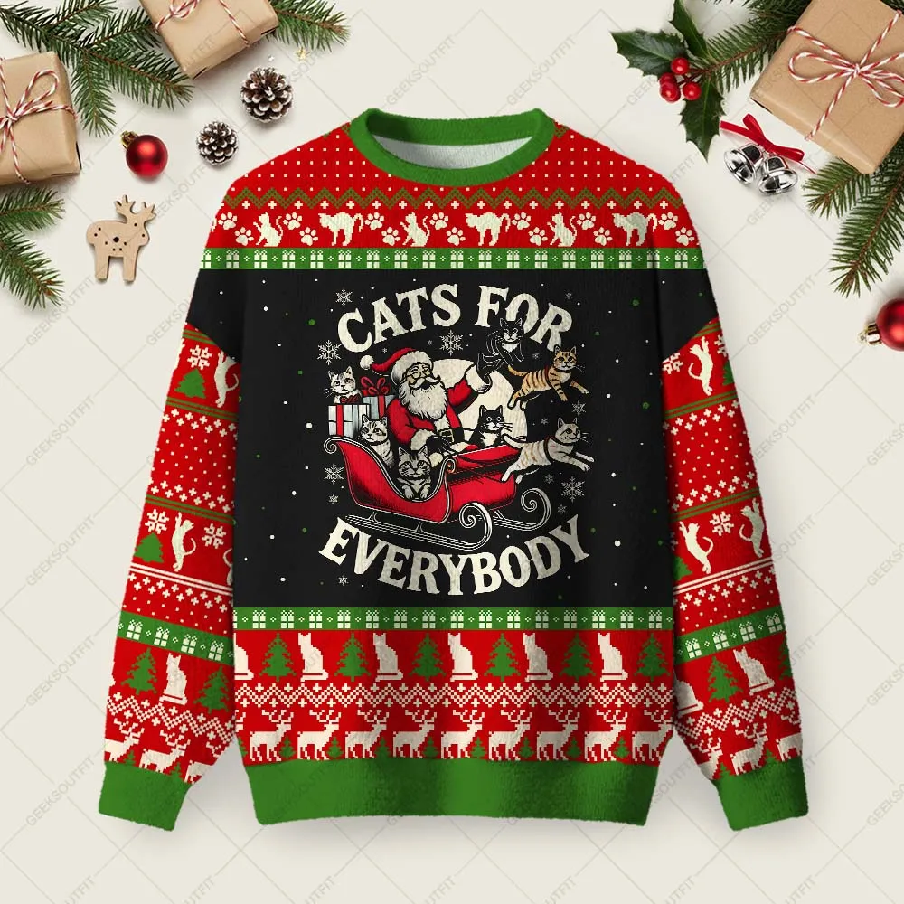 Cats For Everybody Ugly Christmas Fuzzy Fleece Sweatshirt