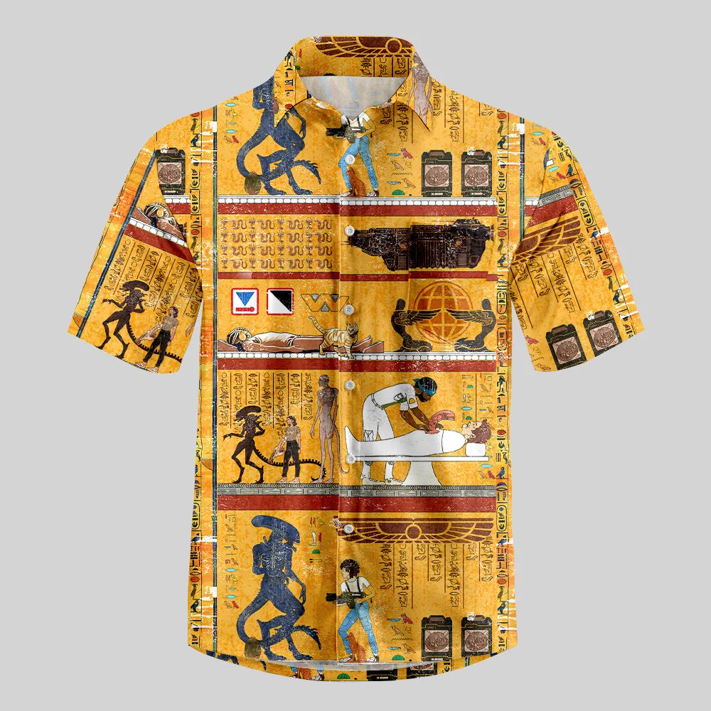 Alien Ancient Egyptian Murals Button Up Pocket Shirt - Image 3