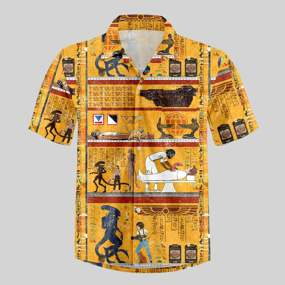 Alien Ancient Egyptian Murals Button Up Pocket Shirt