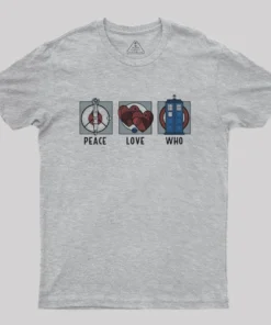 Alternative view of Peace Love and Who Geek T-Shirt