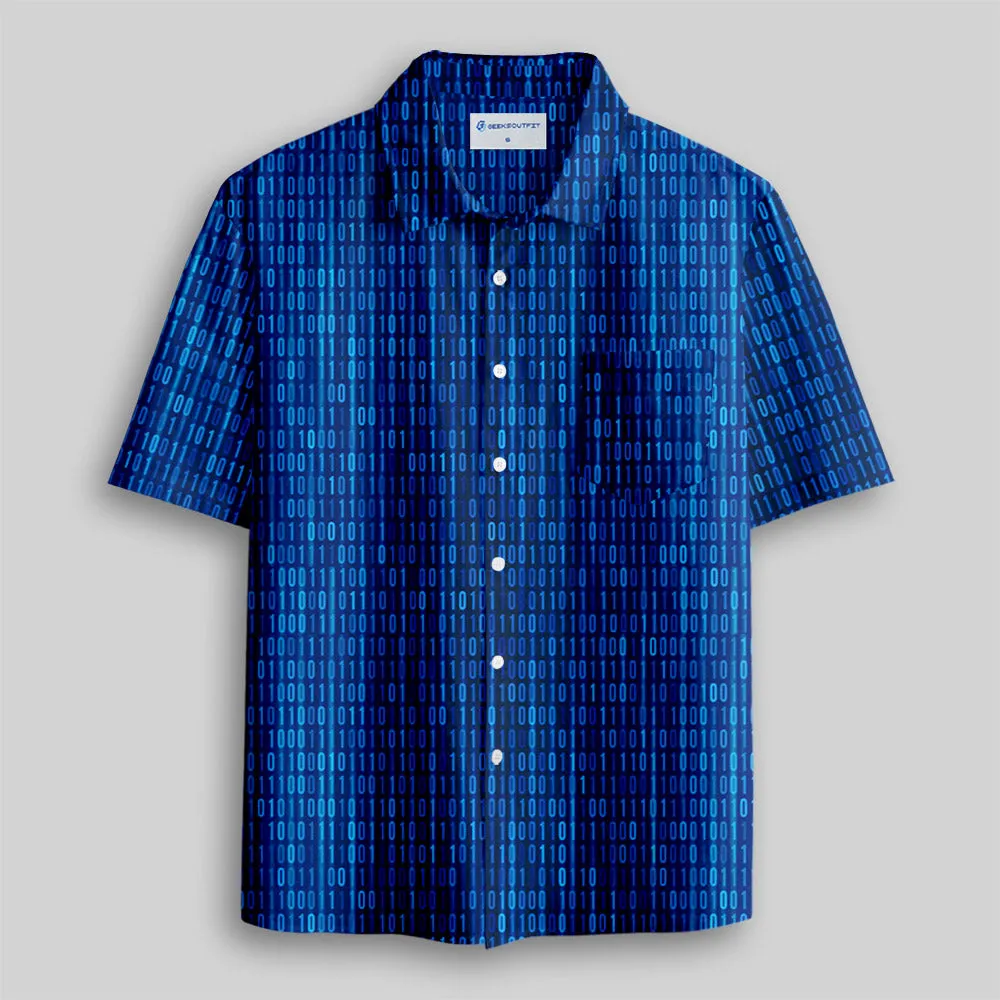Binary Computer 1s and 0s Blue Button Up Pocket Shirt