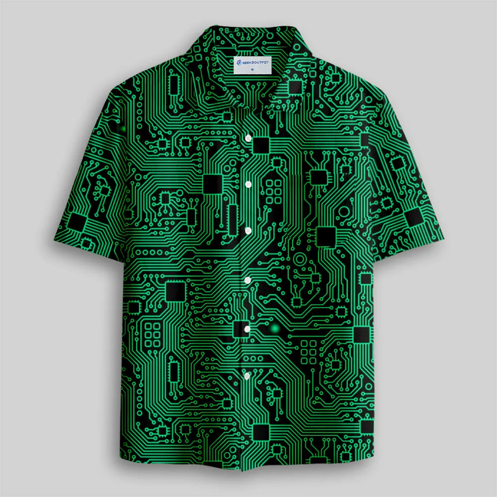 Computer Circuit Board Green Button Up Pocket Shirt