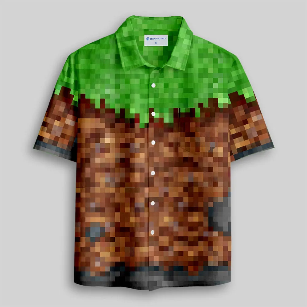 Video Games Grass Block Button Up Pocket Shirt