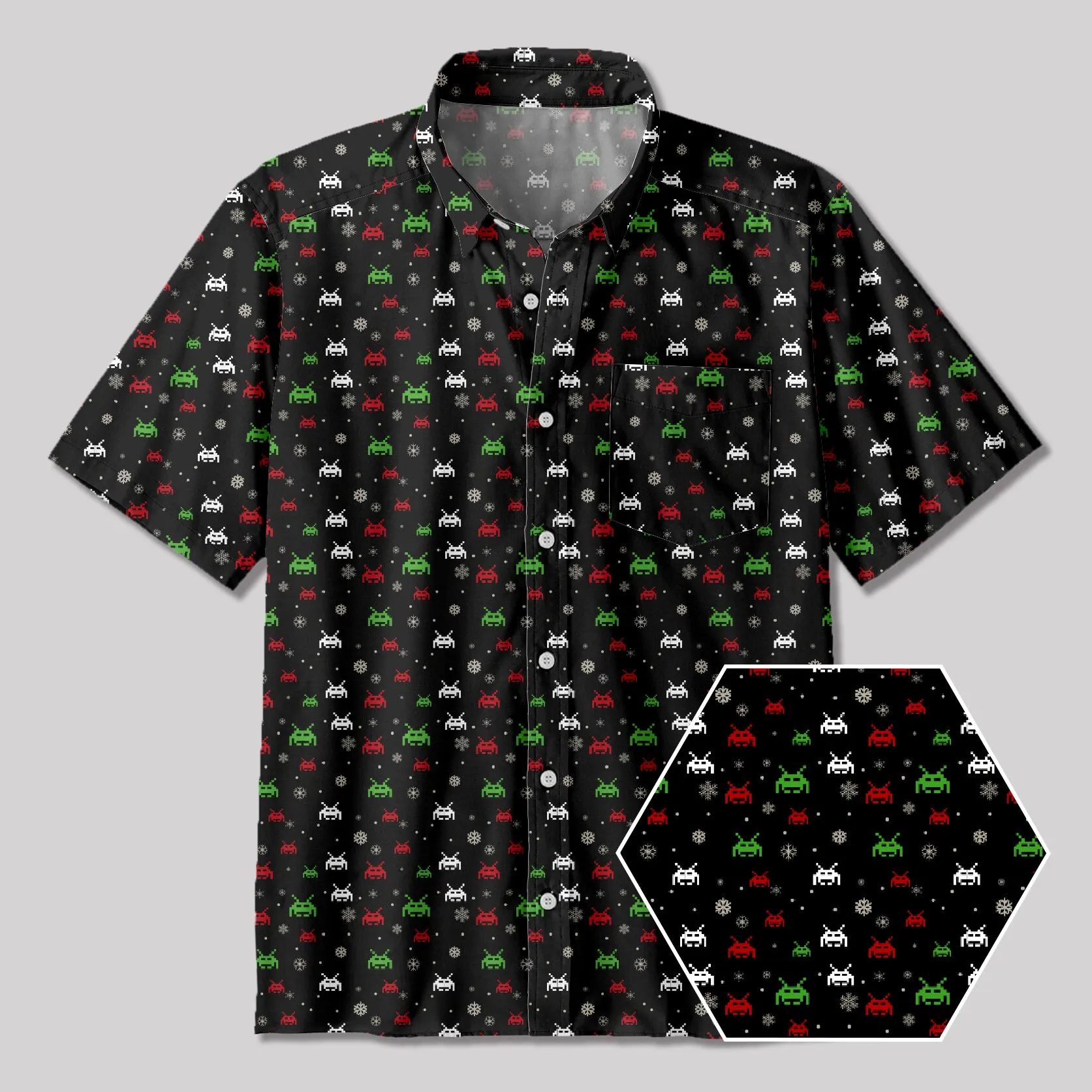Christmas Retro Game Elements Button Up Pocket Shirt