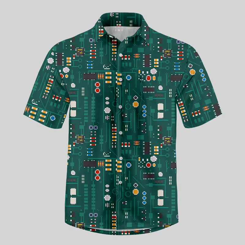 Pixel Style Electronic Components Dark Green Button Up Pocket Shirt