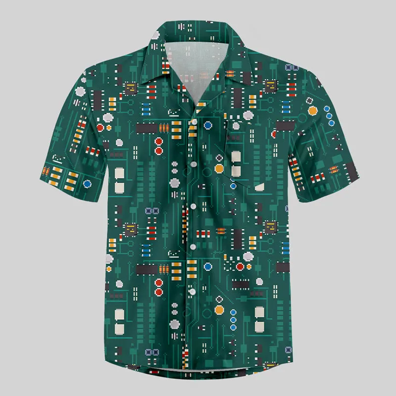 Pixel Style Electronic Components Dark Green Button Up Pocket Shirt - Image 2