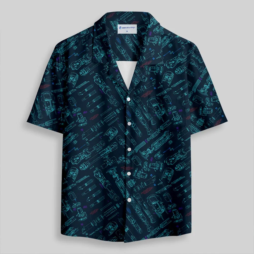 Space War Weapons Navy Button Up Pocket Shirt - Image 2