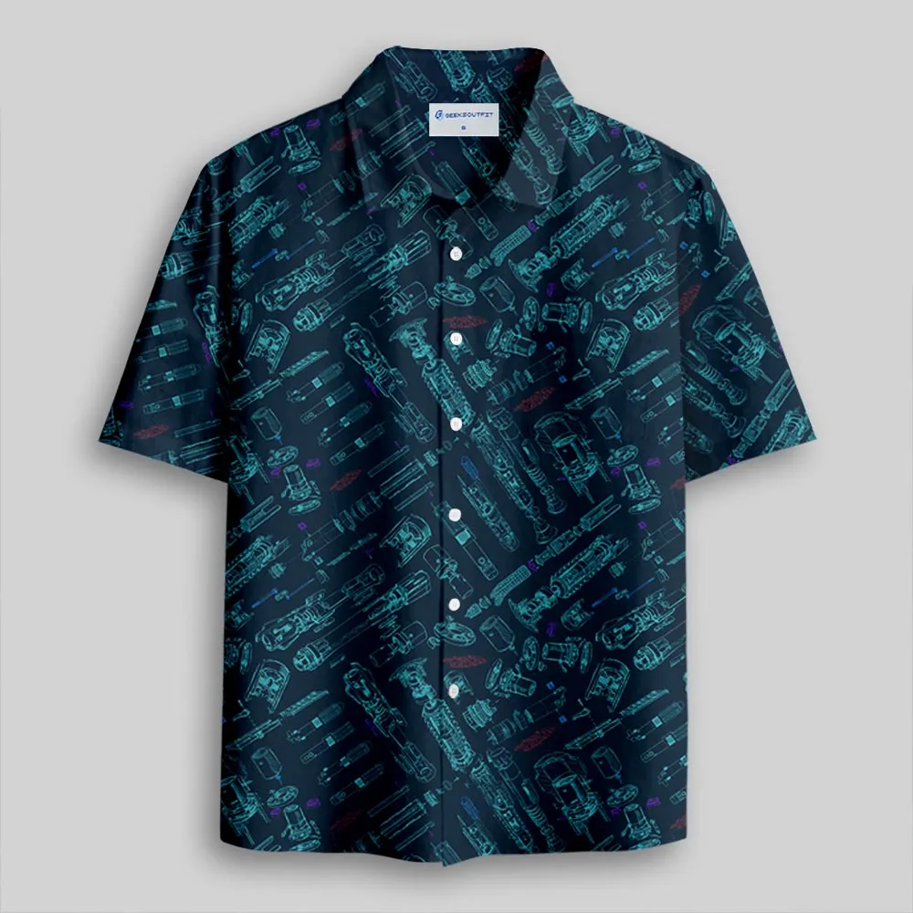 Space War Weapons Navy Button Up Pocket Shirt
