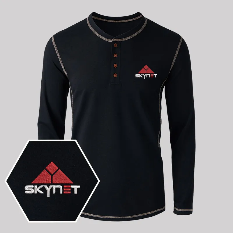 Skynet Core Geek Embroidered Long Sleeve Henley Shirts - Image 2