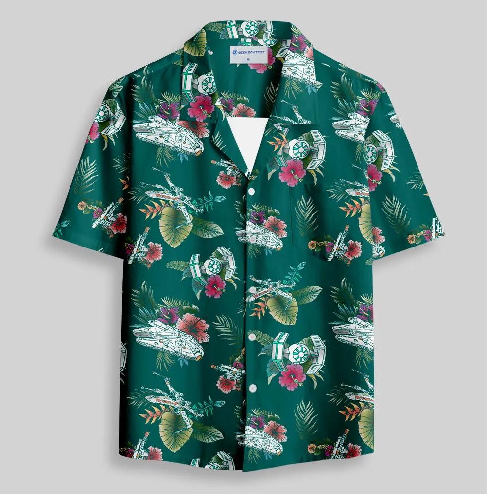 Space Fighter Tropical Flowers Button Up Pocket Shirt - Image 2