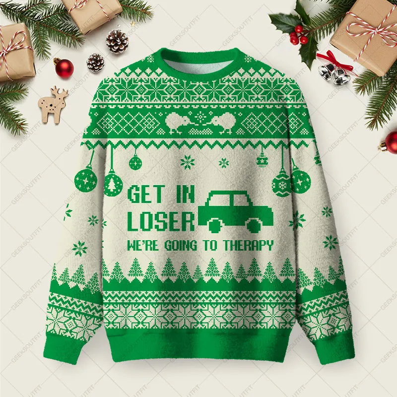 Get In Loser We’re Going To Therapy Ugly Christmas Fuzzy Fleece Sweatshirt