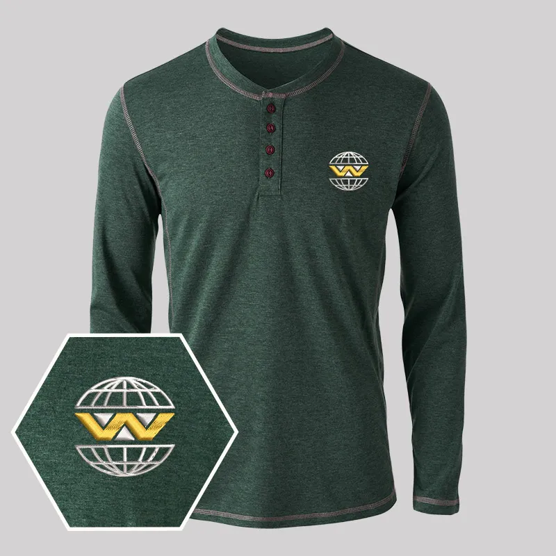 Weyland Yutani Embroidered Long Sleeve Henley Shirts - Image 5