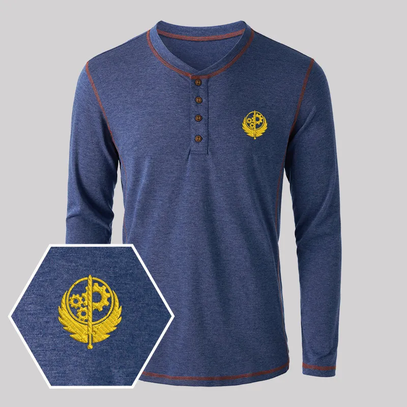 Brotherhood of Steel Geek Embroidered Long Sleeve Henley Shirts